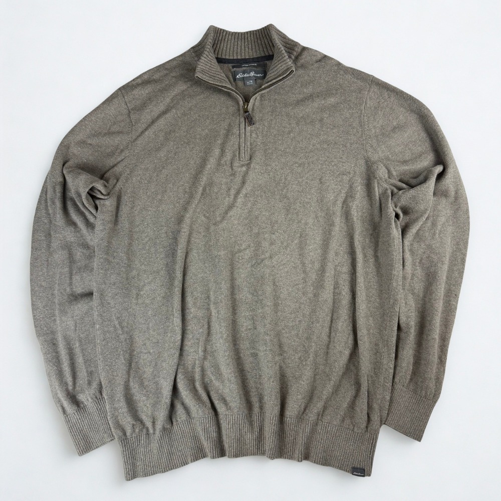 Eddie Bauer 1/4 Zip Sweater Mens TXL Brown Cotton Cashmere Knit Preppy Pullover